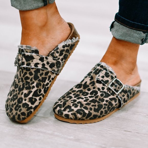 Leopard Buckle Strap Frayed Canvas Slip On Slippers - Picture 2 of 9